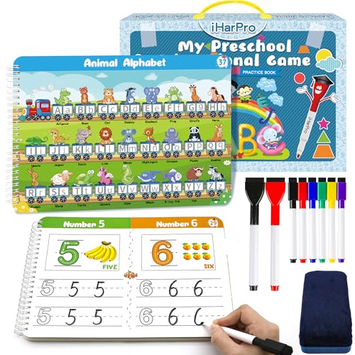 iHarPro Handwriting Practice Tracing Books for Kids Ages 35 Montessori Preschool Learning Activity Autism Educational Learn Number Letters Shapes Animal Sight Words Workbook with 8 Dry Erase Markers - Image 1