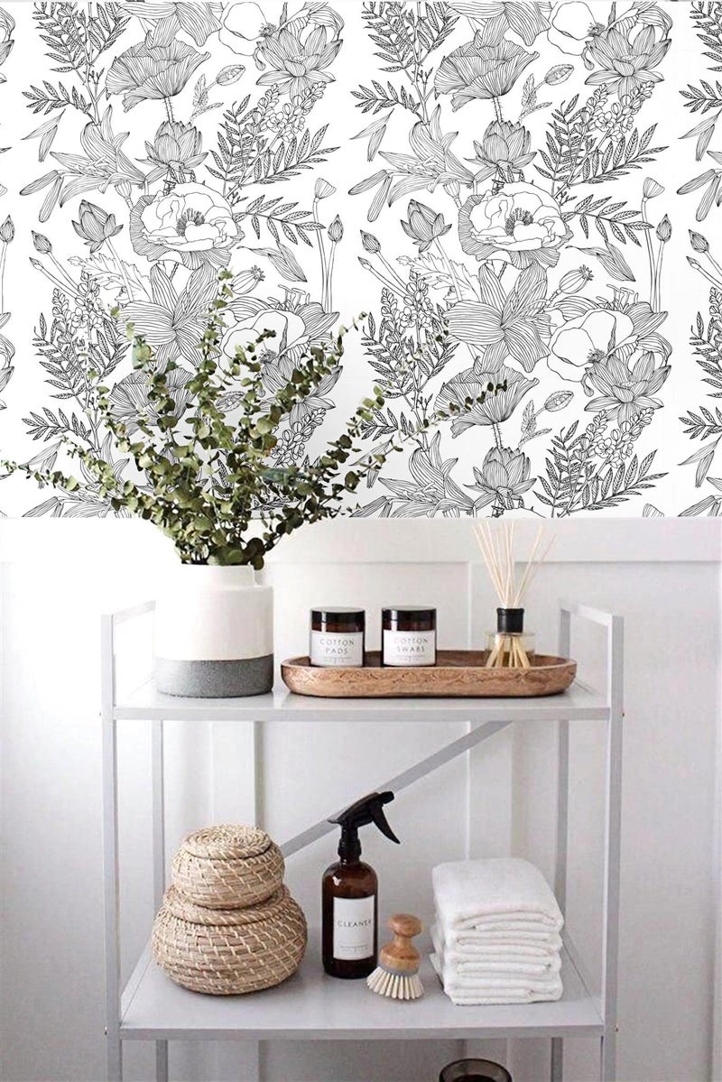 Blooming Wall Black White Elegant Modern Lotus Lily Leaf Peel and Stick Wallpaper Self-Adhesive Prepasted Wallpaper Wall Mural Wall Decor (17.7“x118”, Black/White) - Image 2