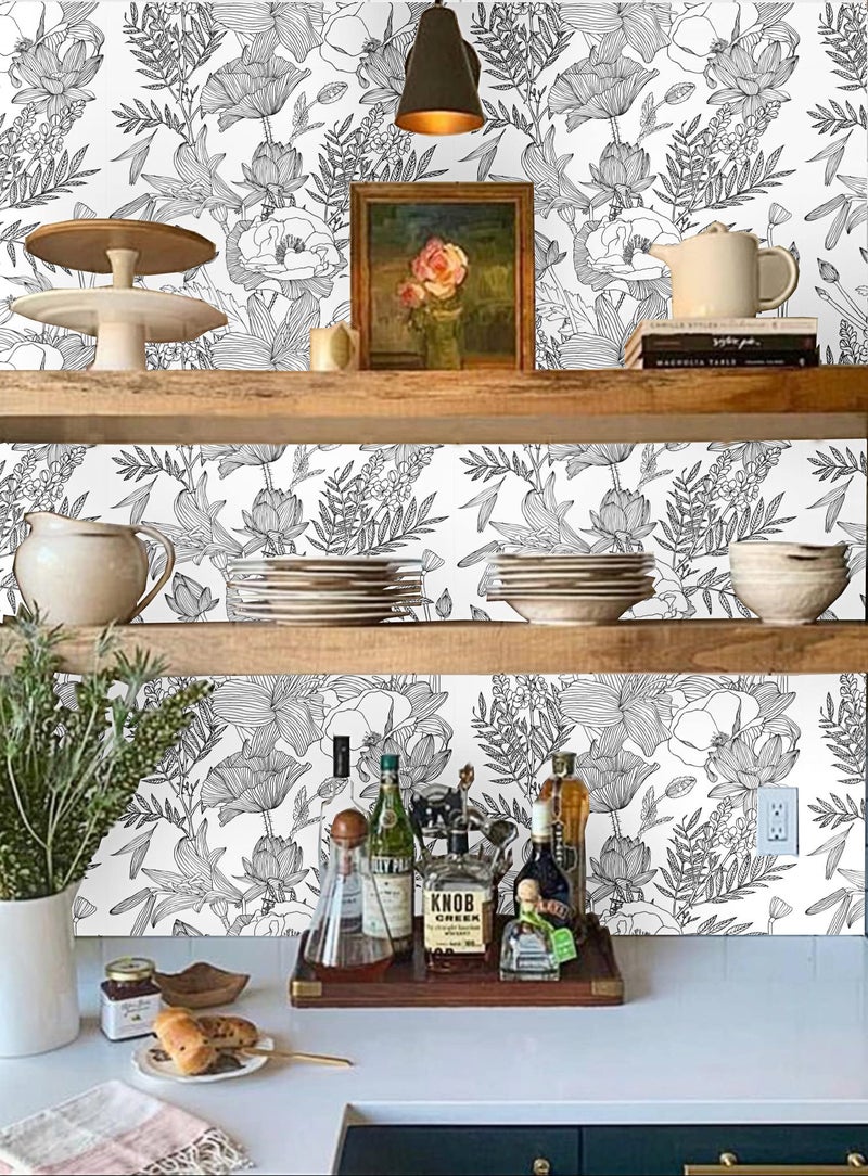 Blooming Wall Black White Elegant Modern Lotus Lily Leaf Peel and Stick Wallpaper Self-Adhesive Prepasted Wallpaper Wall Mural Wall Decor (17.7“x118”, Black/White) - Image 4