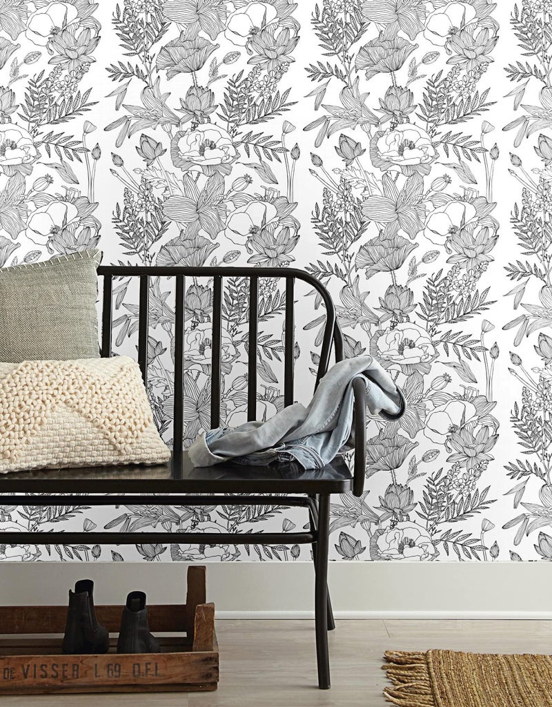 Blooming Wall Black White Elegant Modern Lotus Lily Leaf Peel and Stick Wallpaper Self-Adhesive Prepasted Wallpaper Wall Mural Wall Decor (17.7“x118”, Black/White) - Image 5