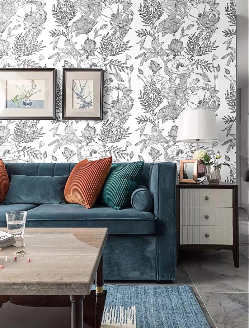 Blooming Wall Black White Elegant Modern Lotus Lily Leaf Peel and Stick Wallpaper Self-Adhesive Prepasted Wallpaper Wall Mural Wall Decor (17.7“x118”, Black/White) - Image 3