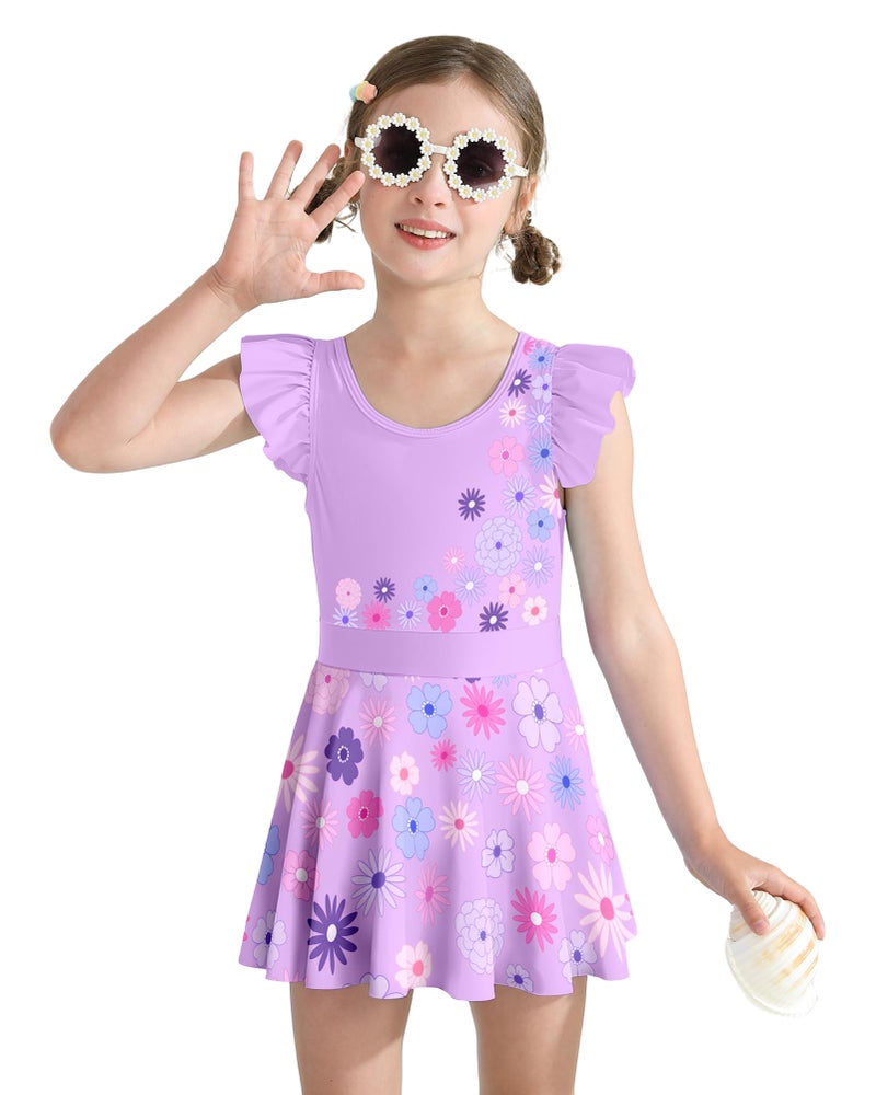 Ghteas One Piece Swimsuit Skirted Girls Lavender Purple Flower Short Sleeve Swimwear 5t 5-6 Years Little Girls - Image 2