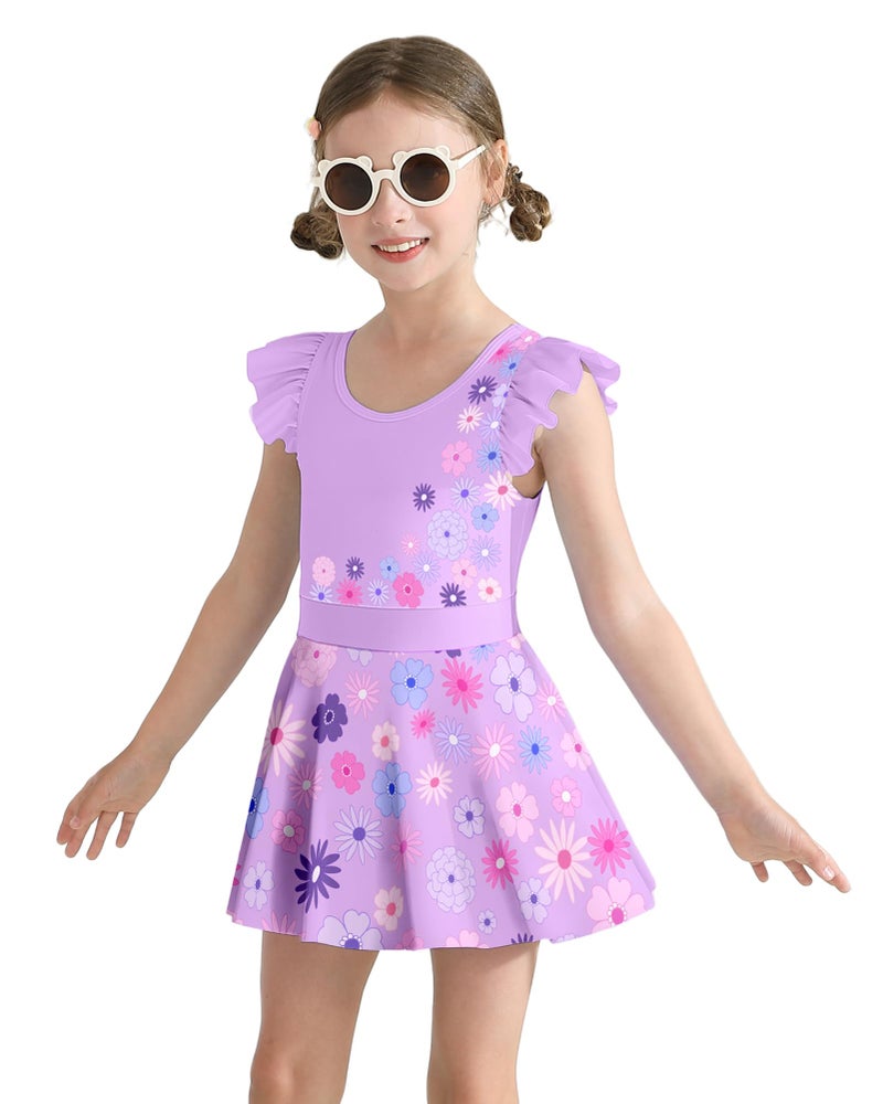 Ghteas One Piece Swimsuit Skirted Girls Lavender Purple Flower Short Sleeve Swimwear 5t 5-6 Years Little Girls - Image 1