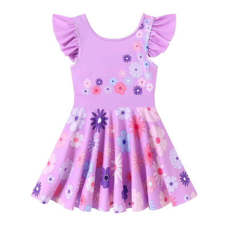 Ghteas One Piece Swimsuit Skirted Girls Lavender Purple Flower Short Sleeve Swimwear 5t 5-6 Years Little Girls - Image 3
