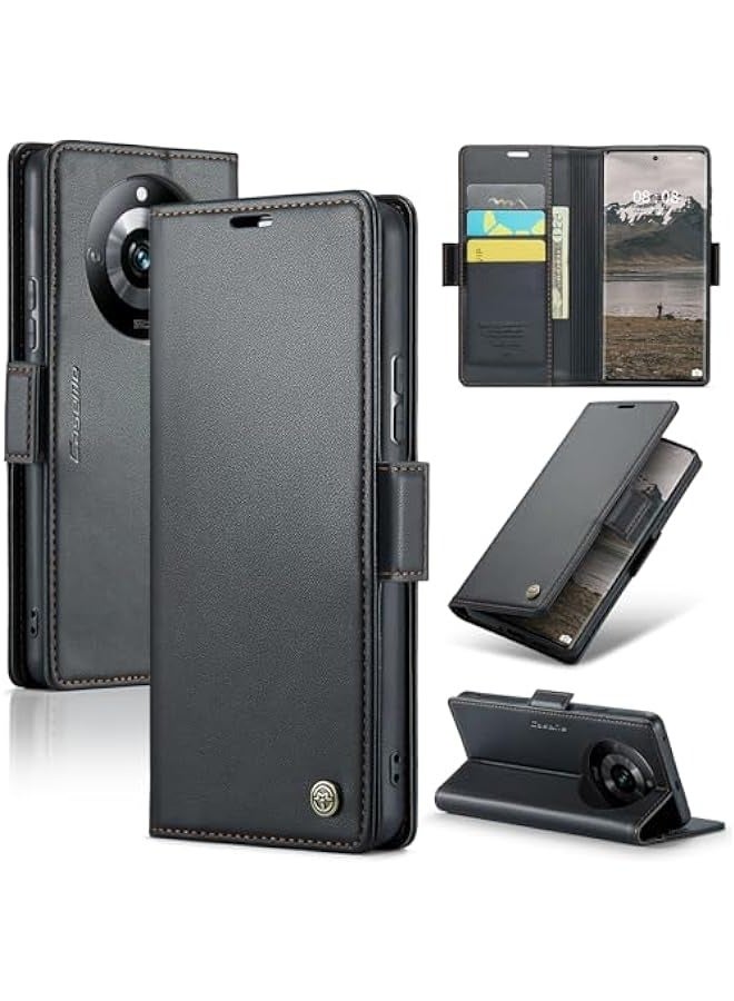 حافظة جلدية قوية ومتينة لهاتف أوبو ريلمي 11 برو \/ أوبو ريلمي 11 برو بلس مع حماية RFID وحامل بطاقات وغطاء مغناطيسي وقابلة للطي ومثبتة بمغناطيس (أسود) - Image 1