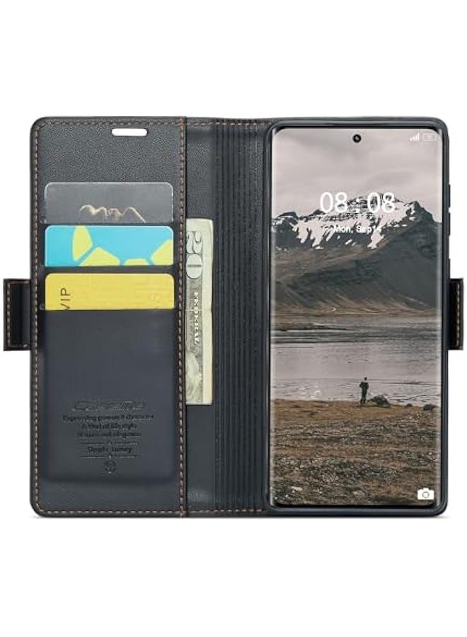 حافظة جلدية قوية ومتينة لهاتف أوبو ريلمي 11 برو \/ أوبو ريلمي 11 برو بلس مع حماية RFID وحامل بطاقات وغطاء مغناطيسي وقابلة للطي ومثبتة بمغناطيس (أسود) - Image 2