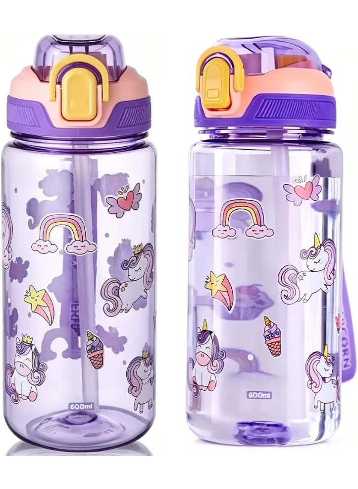 CMGTYYD Kids Water Bottles With Straw,600ml Toddler Drinks Bottle for School,Leakproof Children's Bottle BPA free Sport Bottle for Girls Boys (Purple) - Image 1