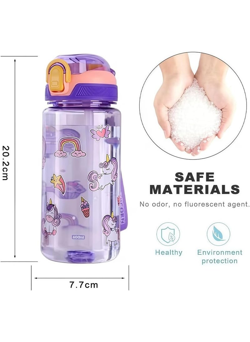 CMGTYYD Kids Water Bottles With Straw,600ml Toddler Drinks Bottle for School,Leakproof Children's Bottle BPA free Sport Bottle for Girls Boys (Purple) - Image 2