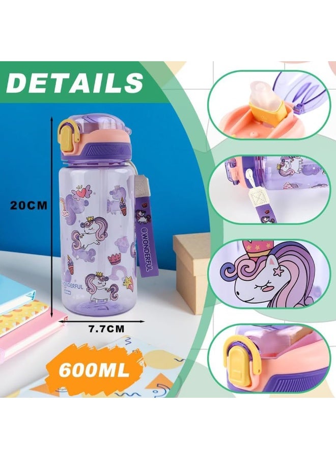 CMGTYYD Kids Water Bottles With Straw,600ml Toddler Drinks Bottle for School,Leakproof Children's Bottle BPA free Sport Bottle for Girls Boys (Purple) - Image 3