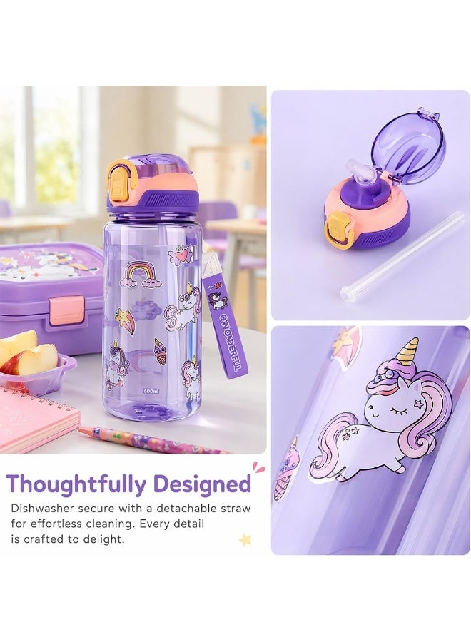 CMGTYYD Kids Water Bottles With Straw,600ml Toddler Drinks Bottle for School,Leakproof Children's Bottle BPA free Sport Bottle for Girls Boys (Purple) - Image 4