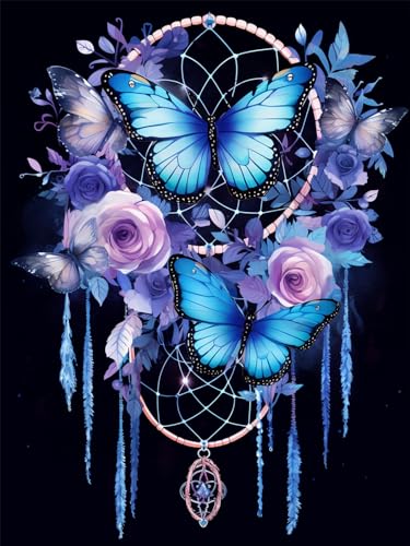 croshom Dream Catcher 5D Diamond Art Kits, Butterfly Diamond Painting Kits for Adults Beginners, DIY Full Round Drill Paint by Diamond Gem Art, Home Wall Decor 12 x 16 Inch - Image 1