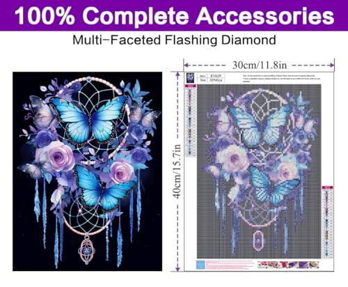 croshom Dream Catcher 5D Diamond Art Kits, Butterfly Diamond Painting Kits for Adults Beginners, DIY Full Round Drill Paint by Diamond Gem Art, Home Wall Decor 12 x 16 Inch - Image 2
