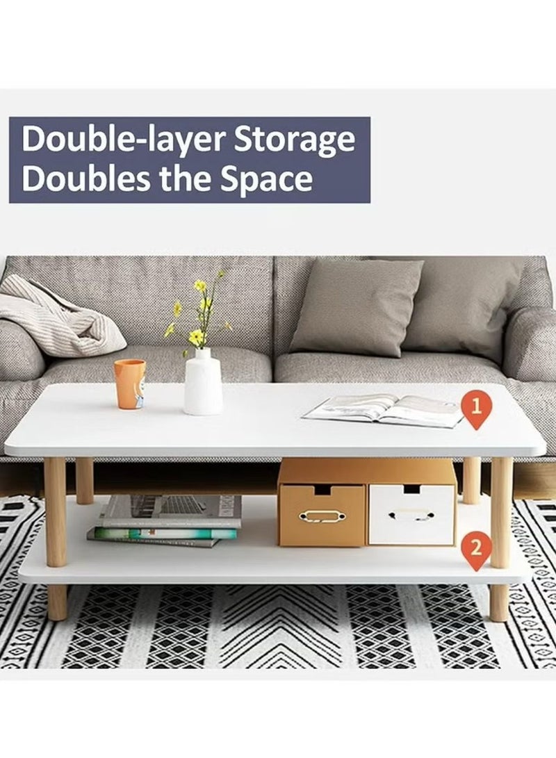 إكسبرت طاولة قهوة مستطيلة الشكل من طابقين ومساحة تخزين، طاولة جانبية بتصميم اسكندنافي بارجل خشبية متينة، طاولة قهوة سهلة التركيب لغرفة المعيشة وغرفة النوم والشرفة، متعدد الالوان - Image 4