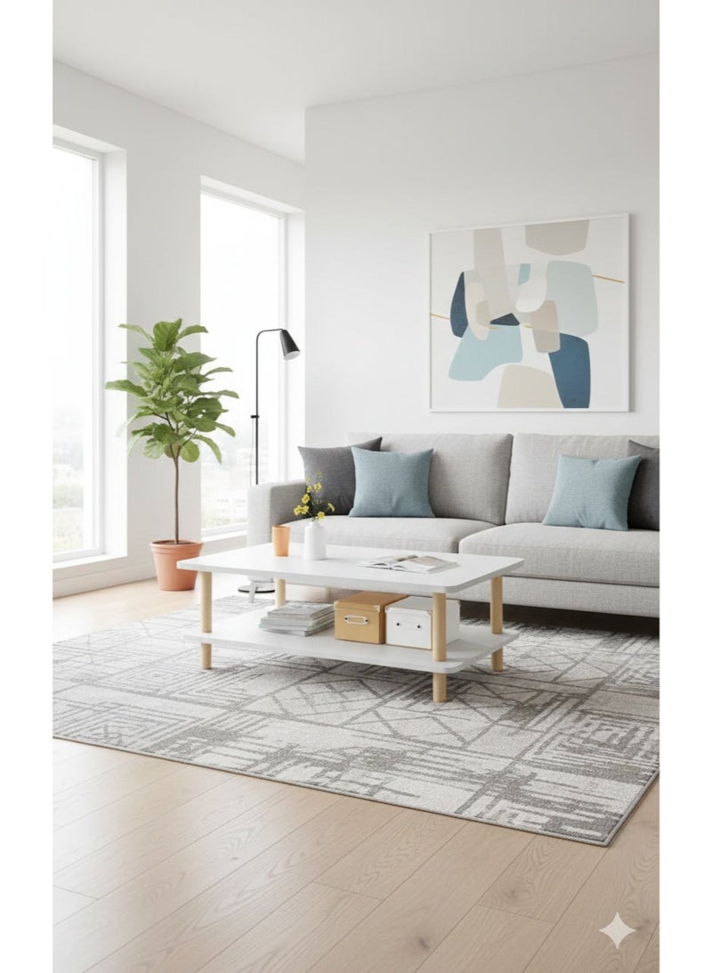 إكسبرت طاولة قهوة مستطيلة الشكل من طابقين ومساحة تخزين، طاولة جانبية بتصميم اسكندنافي بارجل خشبية متينة، طاولة قهوة سهلة التركيب لغرفة المعيشة وغرفة النوم والشرفة، متعدد الالوان - Image 1