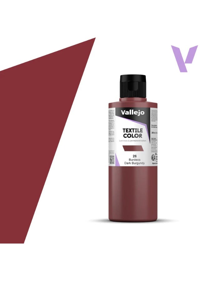 Vallejo Textile Fabric Paint Dark Burgundy 26 – 200ml Bottle Rich Matte Washable Finish