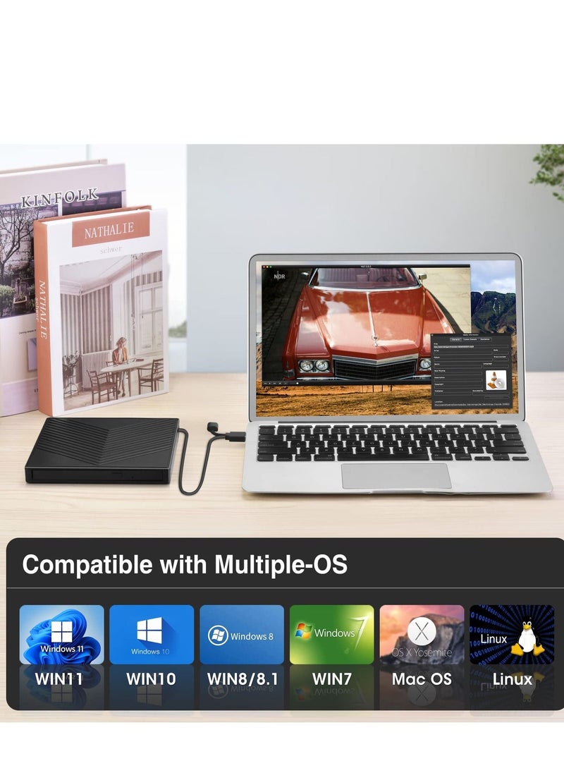 KASTWAVE - External CD DVD Drive, Ultra Slim CD Burner USB 3.0 with 4 USB Ports and 2 TF/SD Card Slots, Optical Disk Drive for Laptop Mac, PC Windows 11/10/8/7 Linux OS - Image 1