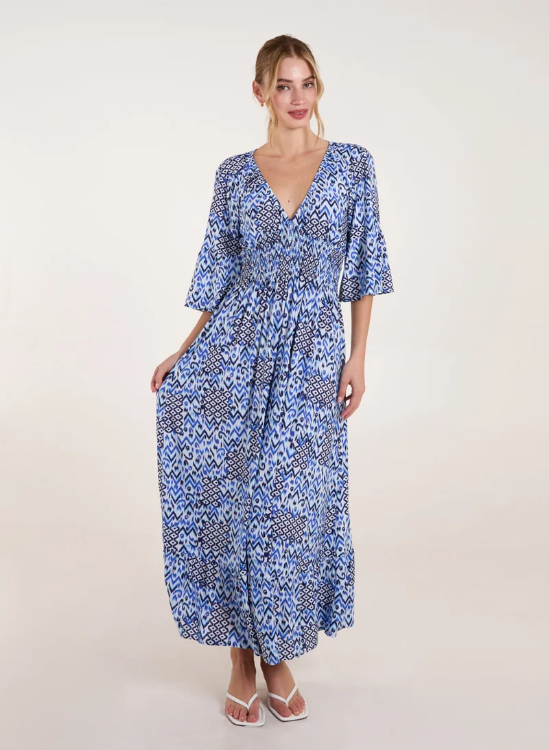 Blue Vanilla Abstract Elasticated Neck Shirred Waist Maxi Dress