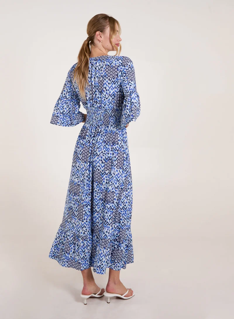 Blue Vanilla Abstract Elasticated Neck Shirred Waist Maxi Dress