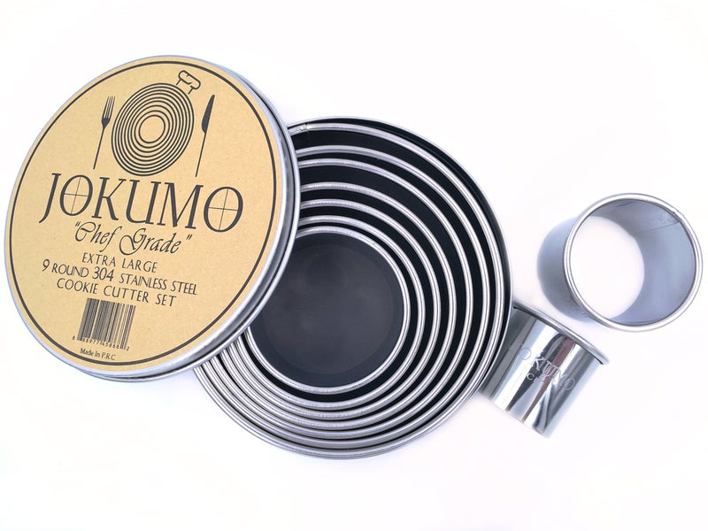 JOKUMO 9 Piece Extra Large Chef Grade Plain Round PastryCookie Cutter Set  Extra Thick Premium 188 304 Stainless Steel  Marked Size for Professional Chefs and Ambitious Home Cooks