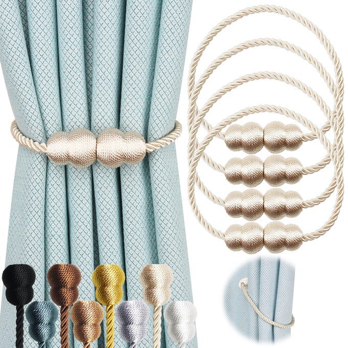 Magnetic Curtain Tiebacks 4 Pack Rope Decorative Curtain Tie Backs Elegant Curtain Holders for Drapes Outdoor Window Treatment Holdbacks Beige