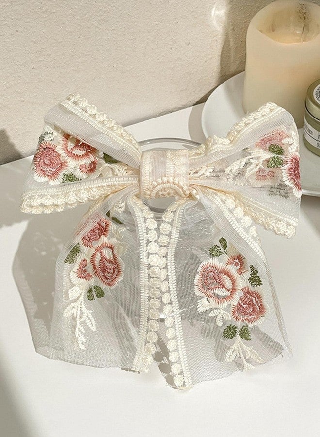 VSAKSH Large White Lace Flower Embroidery Bow Hair Clip With Ribbon Wedding Hair Accessories for Women Girls - Image 1