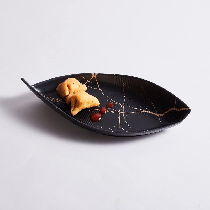 Home Centre Silvano India-Selik Black Printed Melamine Leaf Serving Platter - 28x13cm - Image 1