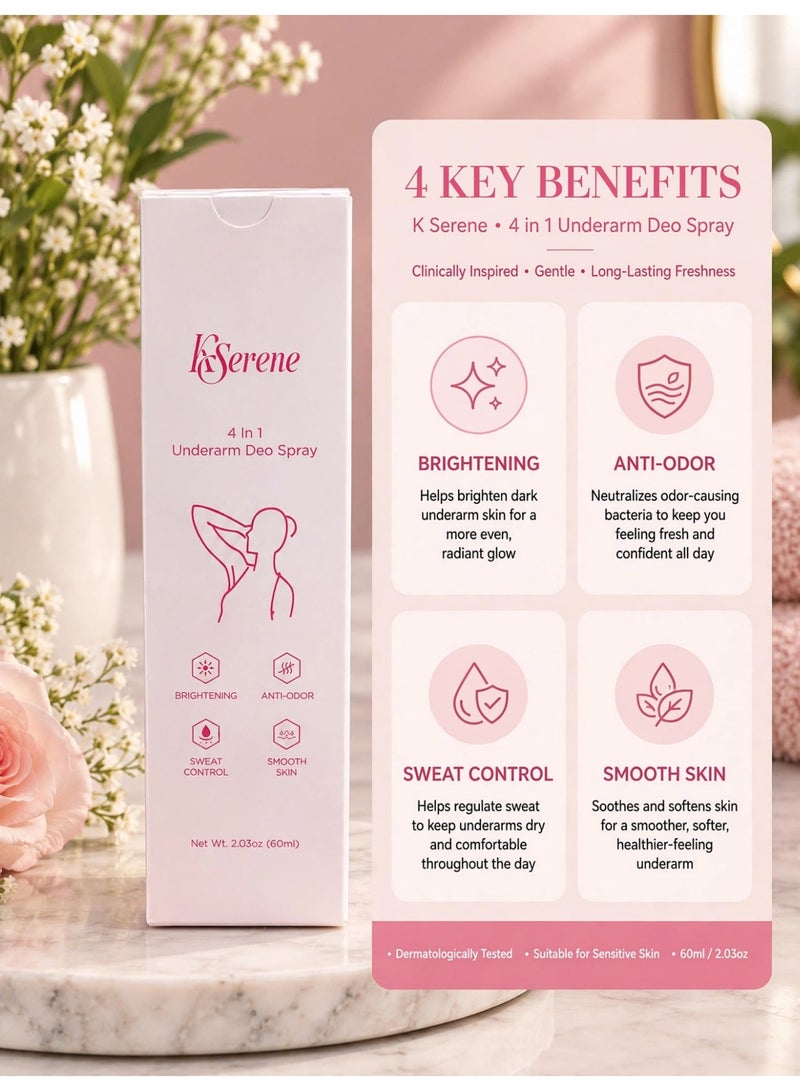 KSERENE 4 In 1 Underarm Deo Spray 60ml for Women, Brightening Underarm Care, Anti-Odor Deodorant, Sweat Control Formula, Smooth Skin Support, Fresh Daily Protection for Confident and Comfortable Underarm Care - Image 5
