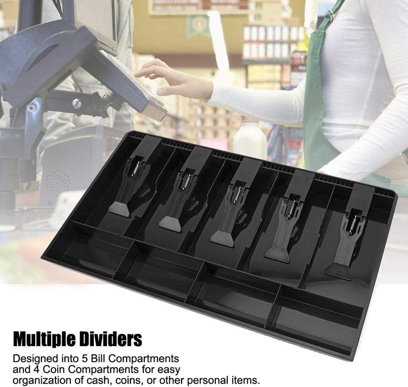 Homava Plastic Cash Box Cash Drawer Register Insert Tray Replacement 5 Bills 4 Coins for Petty Cash Money Storage Box | 40 x 3.5 x 24.4 cm | Black - Image 4