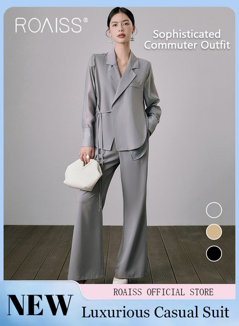 2 Piece Women Suit Set Tie Front Shirt Top and Straight Leg Suit Pants Casual Suit Set for Women Loose Fit Design Personalized Fashion Suitable for School and Work