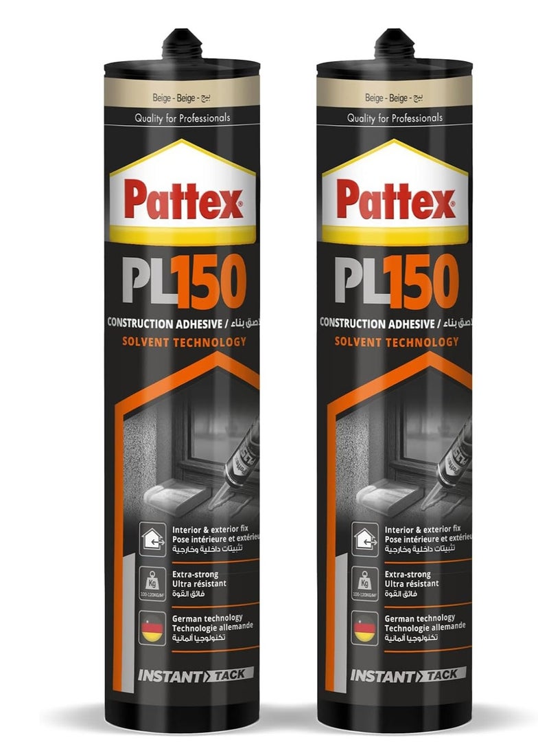 Pattex Roll over image to zoom in Pattex PL150, Water and Temperature Resistant Glue Adhesive, Mounting Adhesive for Indoor and Outdoor Use, Extra Strong Glue, 380g Cartridge, Pack of 2  - Image 1
