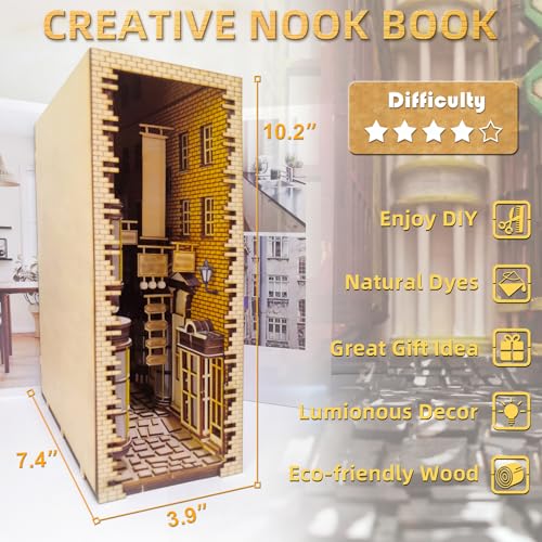 suruim LED Book Nook Kit for Adults - Decorative Bookend Stand-3D Wooden Puzzle for Adults, Booknook Bookshelf Insert Room Decor Gift Craft for Teen Girls Boys Women Men(Advanced Edition) - Image 3