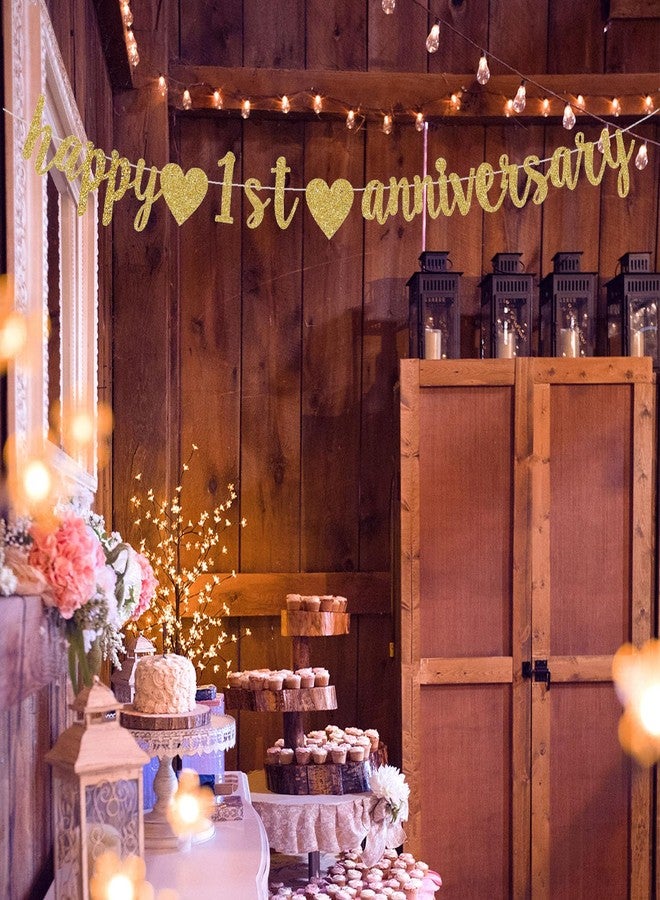 ENILSA Happy 1st Anniversary Party Banner, Gold Glitter 1 Year Anniversary Garland, Wedding Decorations Supplies (Pre-Assembly) - Image 4
