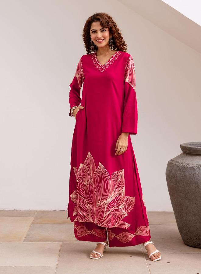 ISHIN Women's Pink Rayon Printed Tunic Upper Calf Length Palazzo Bottom Straight Fit 2 Peice Kurta Set - Image 1