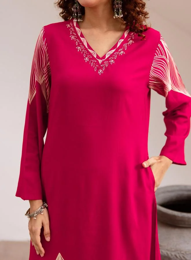 ISHIN Women's Pink Rayon Printed Tunic Upper Calf Length Palazzo Bottom Straight Fit 2 Peice Kurta Set