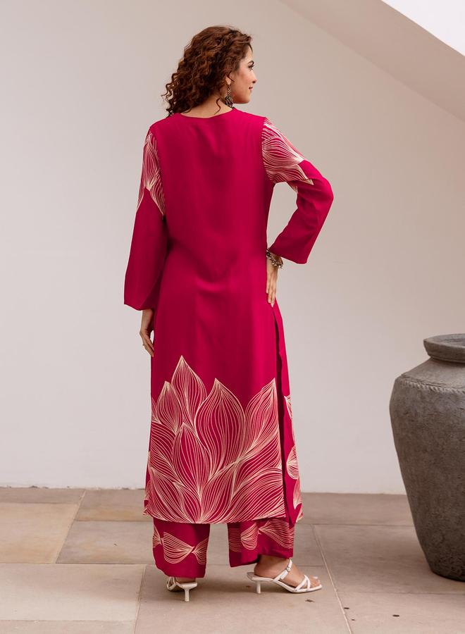 ISHIN Women's Pink Rayon Printed Tunic Upper Calf Length Palazzo Bottom Straight Fit 2 Peice Kurta Set - Image 2