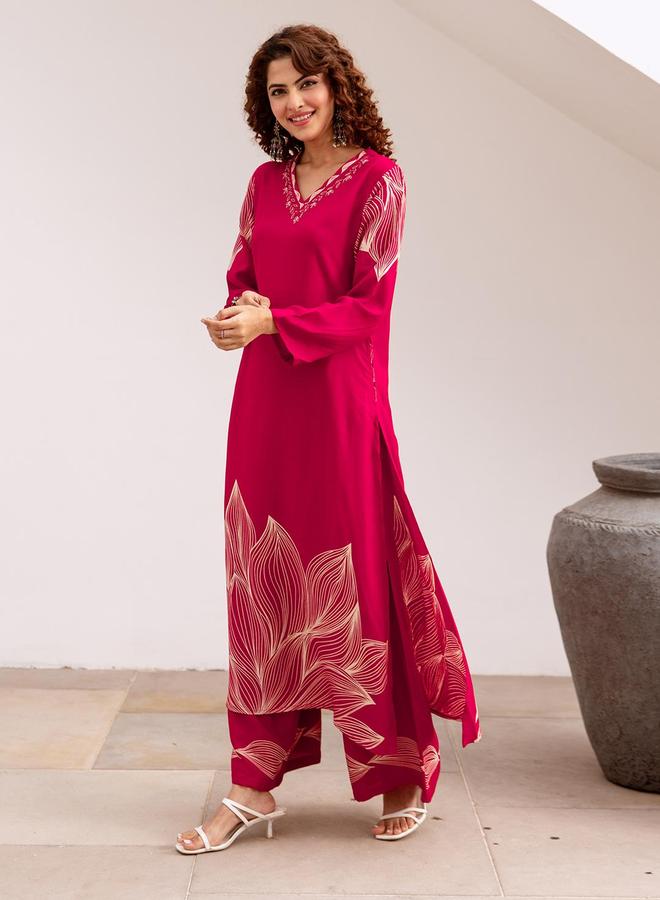 ISHIN Women's Pink Rayon Printed Tunic Upper Calf Length Palazzo Bottom Straight Fit 2 Peice Kurta Set - Image 3