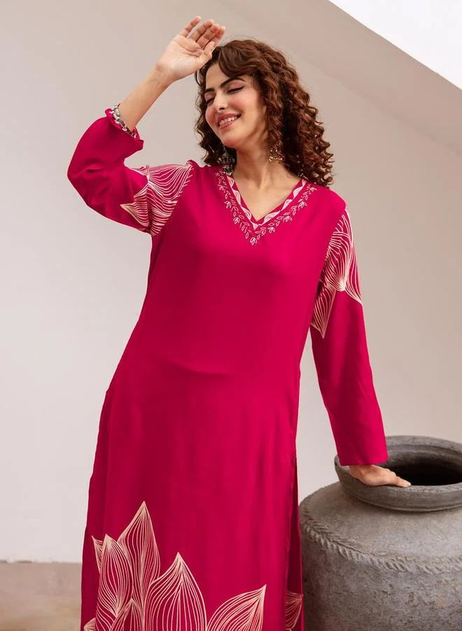 ISHIN Women's Pink Rayon Printed Tunic Upper Calf Length Palazzo Bottom Straight Fit 2 Peice Kurta Set