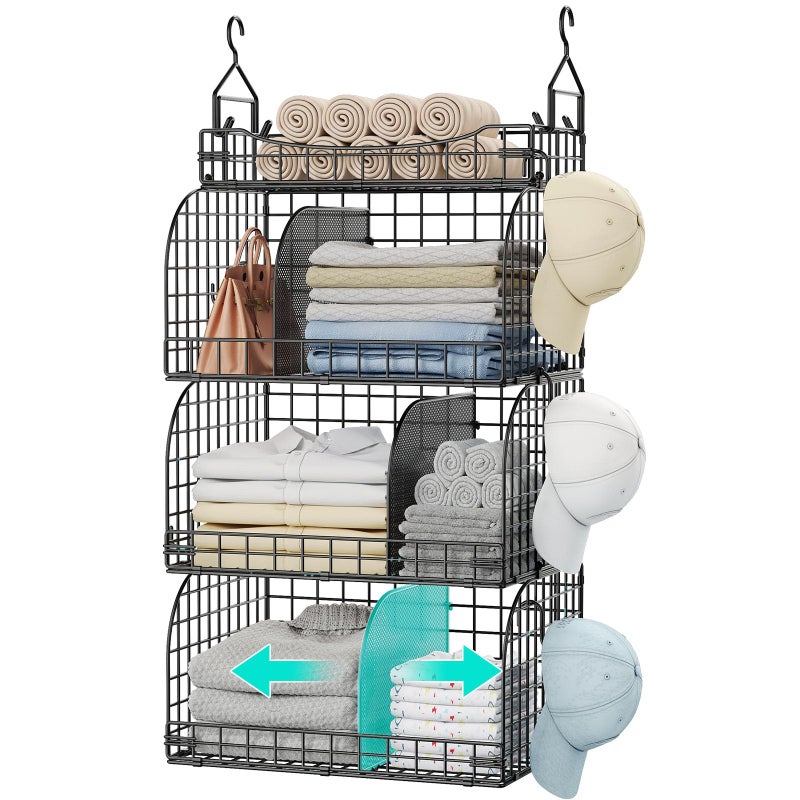 HapiRm Hanging Closet Organizer Storage  4 Tier Metal Stackable Hanging Closet Shelves with Dividers and S Hooks Foldable Clothes Shelves for Clothes Pants Shoes Coat Hats Clutches Accessories