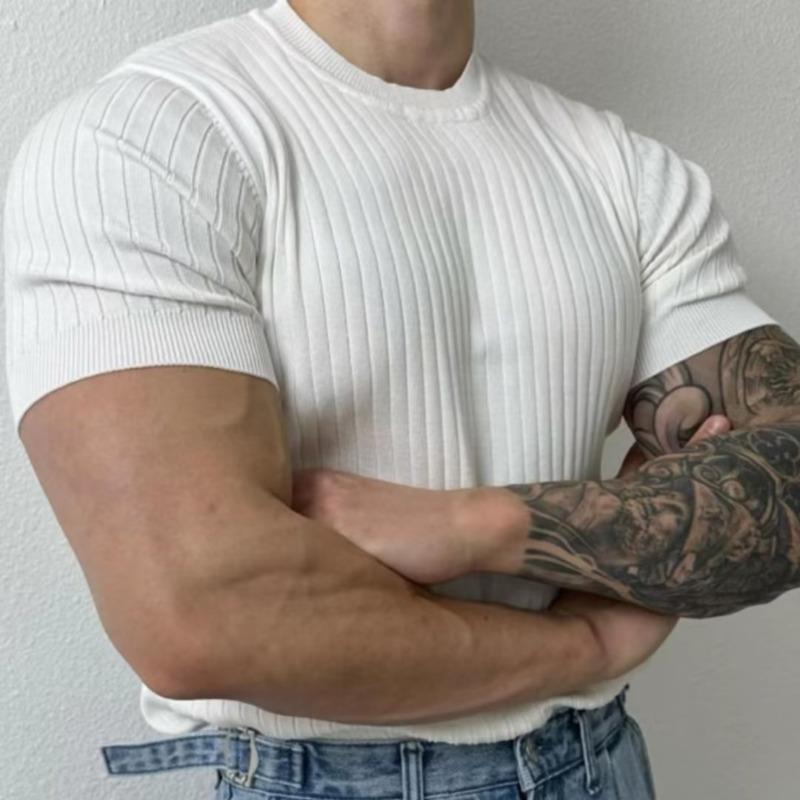 Summer Thin Round Neck Short-sleeved Sweater Men's Slim-fit Stretch Trendy All-match Design Sense Vertical Stripe Half-sleeved T-shirt - Image 3