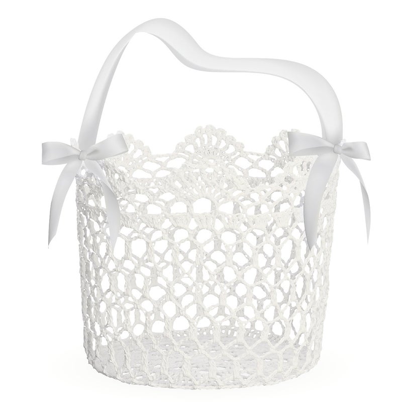 Unomor Unomor Hand Knitting Flower Girl Basket White Wedding Ceremony Basket with Satin Bowknot Elegant Hollow Design Perfect for Petals and Special Occasions