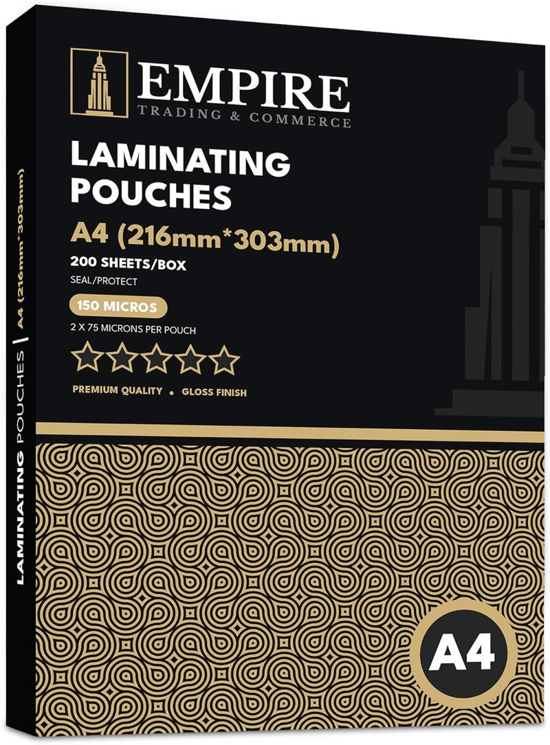 Empire 200 Laminating Sheets, 150 Micron Laminating Pouches (2 x 75 Micron), A4 Thermal Laminating Pouches, Glossy Finished with Ideal Rigidity for Everyday Use, Hot Laminator Use Only - Image 1