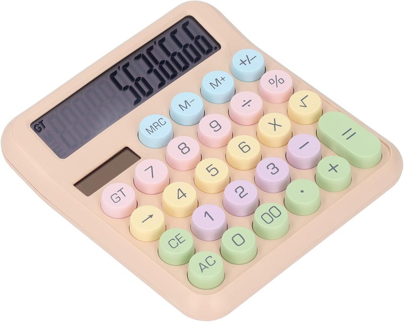 Drfeify 12 Digit Portable Solar Battery Powered Calculator for Girls Kids Office, Large Round Keys Dual Power Supply Calculator for Office Business Desk ABS Material (Milk Tea Color) - Image 1