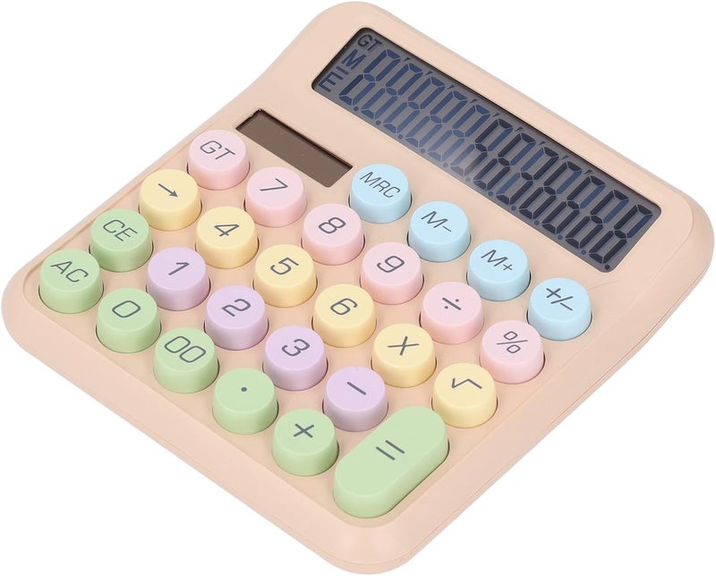 Drfeify 12 Digit Portable Solar Battery Powered Calculator for Girls Kids Office, Large Round Keys Dual Power Supply Calculator for Office Business Desk ABS Material (Milk Tea Color) - Image 3