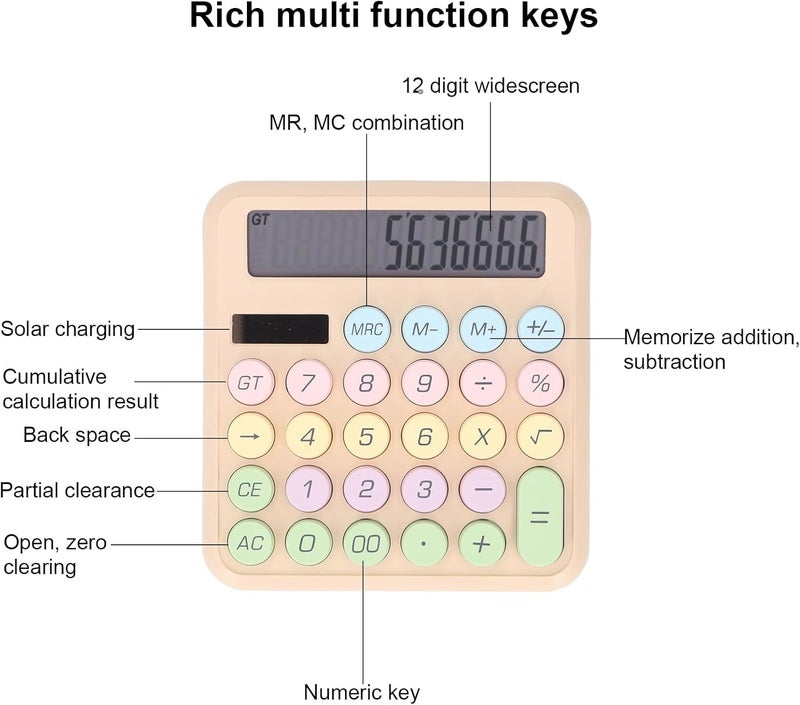 Drfeify 12 Digit Portable Solar Battery Powered Calculator for Girls Kids Office, Large Round Keys Dual Power Supply Calculator for Office Business Desk ABS Material (Milk Tea Color) - Image 5