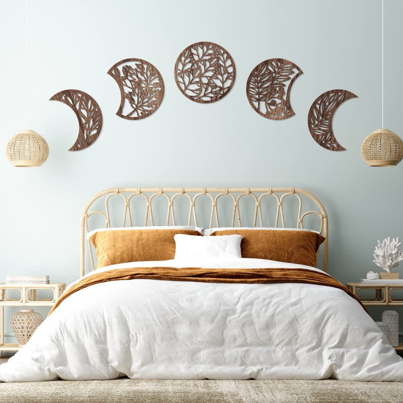 Jetec Jetec 5 Pcs Moon Phase Wall Art Decor Hanging Wooden Moon Phase Wall Pediments Nordic Boho Decor for Room Bar OrnamentBrown106 Inch 