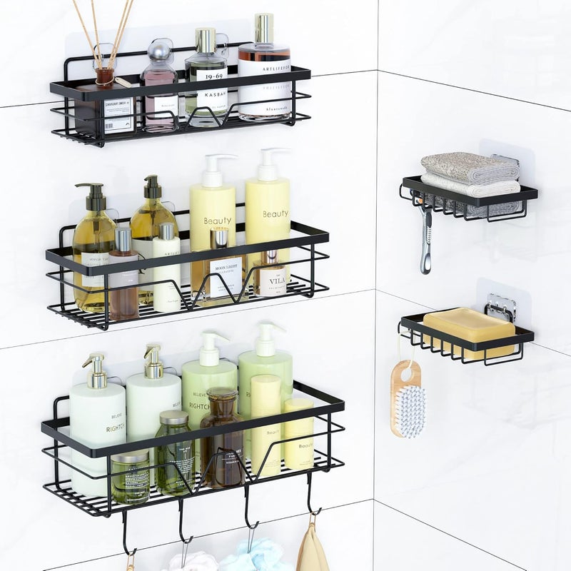 Vtopmart 5 Pack Shower Caddy Organizer with 4 Hooks, Adhesive Rack Storage Shelf, Stainless Steel Bathroom Inside Shower Wall Organization, Black - Image 1