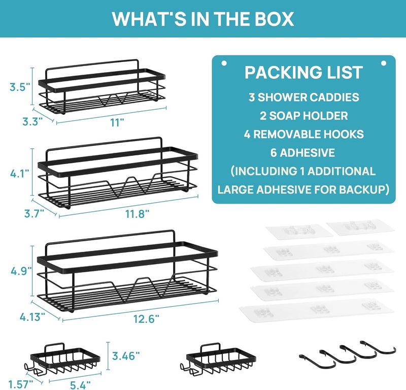 Vtopmart 5 Pack Shower Caddy Organizer with 4 Hooks, Adhesive Rack Storage Shelf, Stainless Steel Bathroom Inside Shower Wall Organization, Black - Image 2