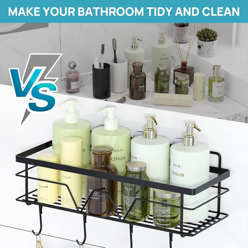 Vtopmart 5 Pack Shower Caddy Organizer with 4 Hooks, Adhesive Rack Storage Shelf, Stainless Steel Bathroom Inside Shower Wall Organization, Black - Image 3
