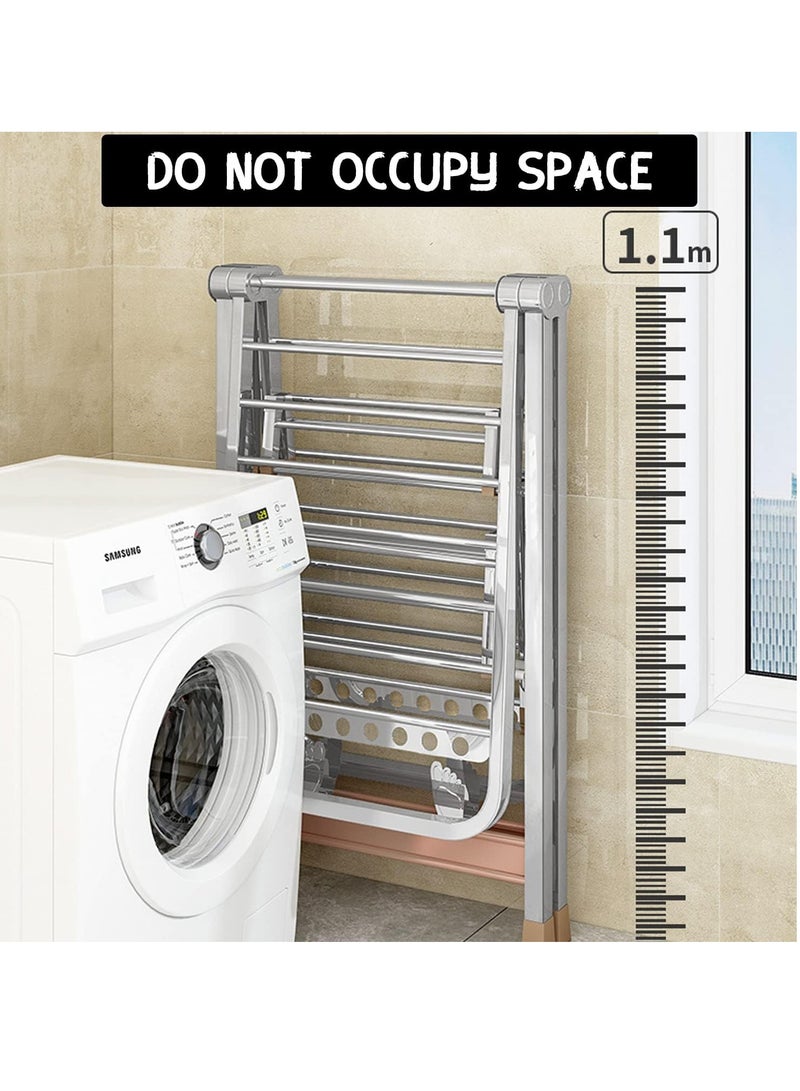 رف تجفيف الملابس قابل للطي من الفولاذ المقاوم للصدأ مع بكرات، ثابت وموفر للمساحة، مجفف ملابس قابل للطي للاستخدام الداخلي والخارجي 160 × 70 سم - Image 4