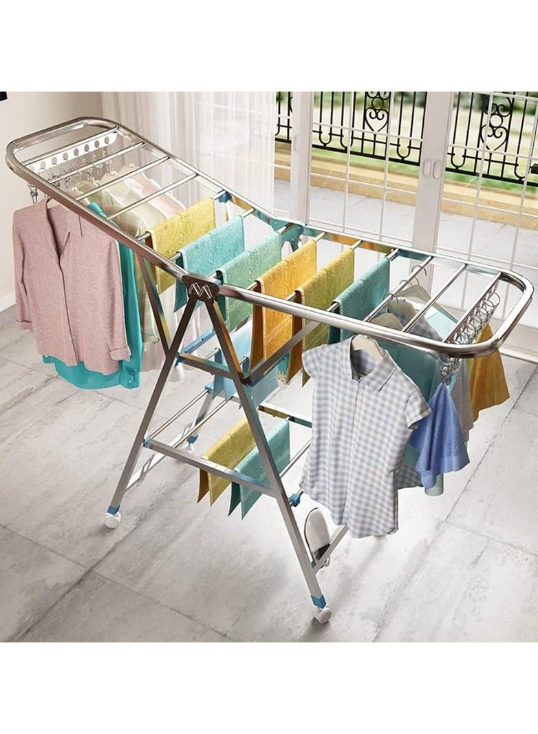 رف تجفيف الملابس قابل للطي من الفولاذ المقاوم للصدأ مع بكرات، ثابت وموفر للمساحة، مجفف ملابس قابل للطي للاستخدام الداخلي والخارجي 160 × 70 سم - Image 1